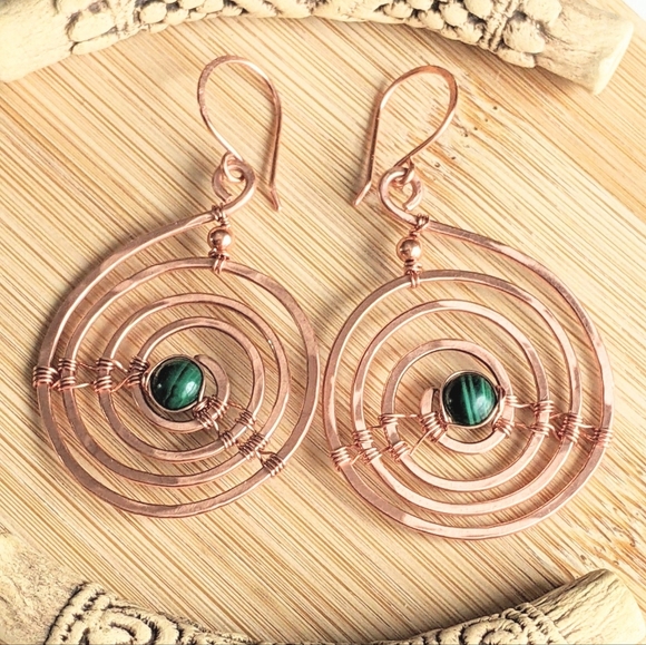 Artisan Jewelry - Mesmerizing Copper Spiral Earrings Malachite Gems